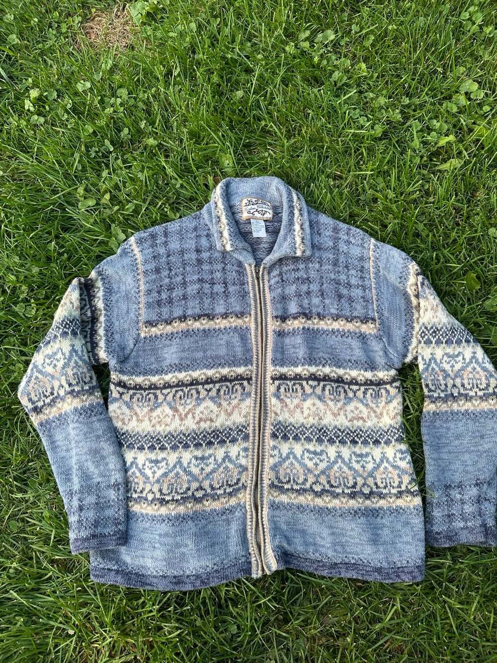 Vintage Heirloom Collectibles Fair Isle Nordic Print Zip Cardigan Sweater Blue L